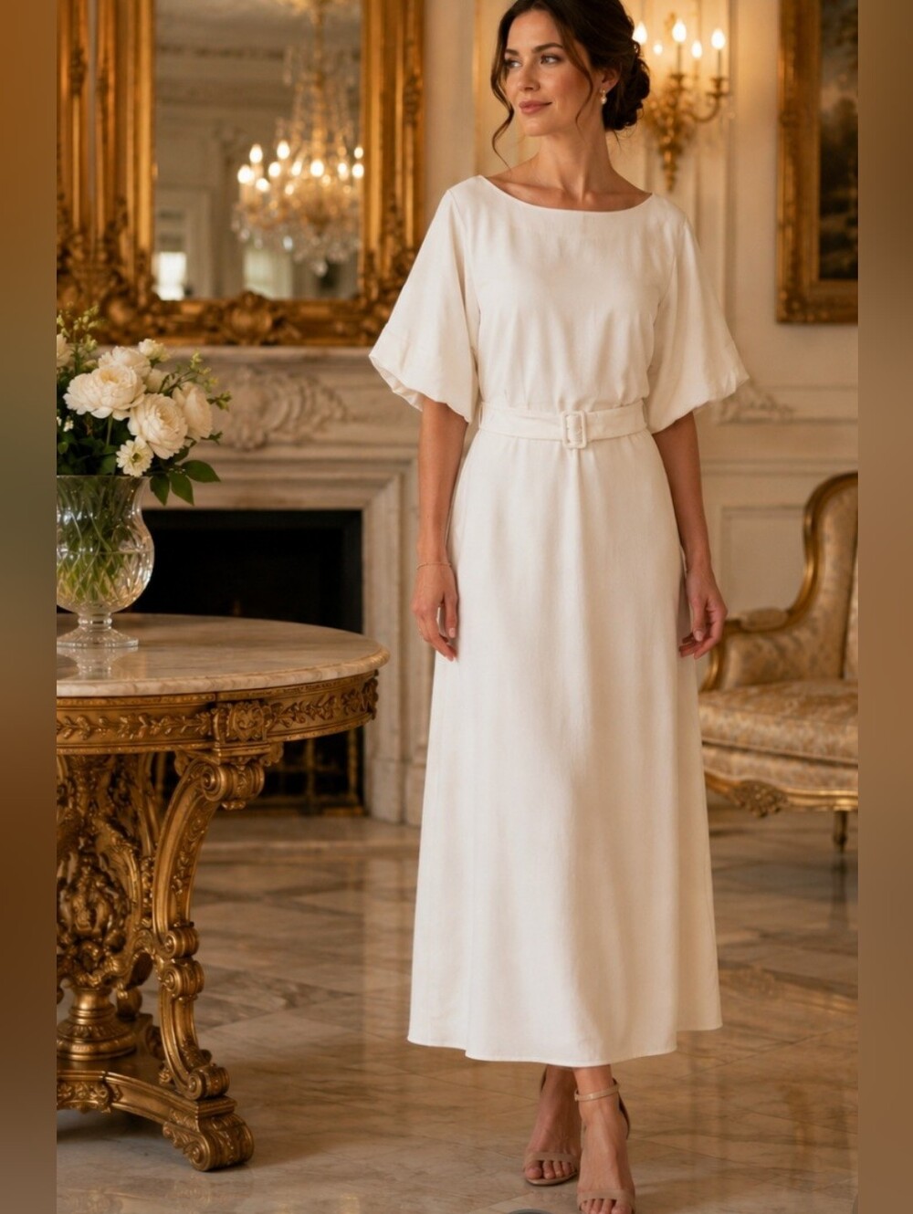 Ann Taylor Ivory Belted Flutter Sleeve Midi Dress NWT Size 6 Elegant Luxury